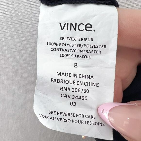 Vince Mixed Media Jumpsuit 8 Silk Long Sleeve Tapered Leg Drawstring Navy Blue - Picture 9 of 10